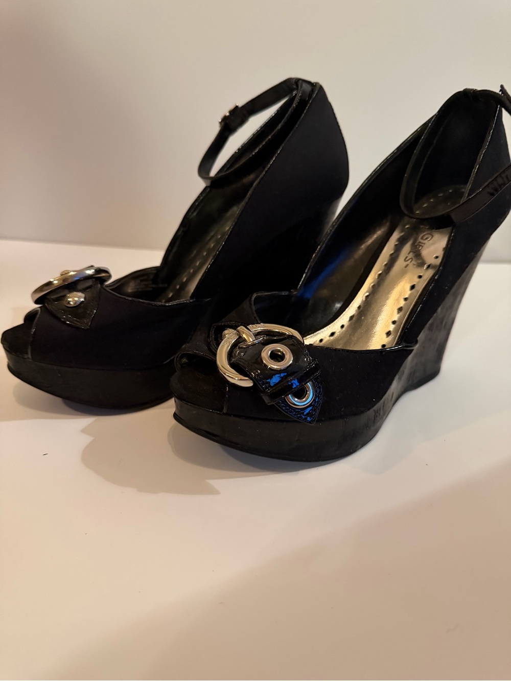 BCBGirls Black Peep-Toe Wedge Heels with Ankle Strap